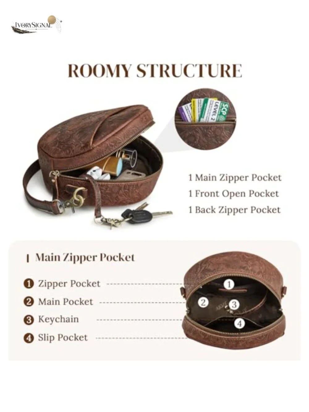 Top Grain Leather Crossbody Bag Circle Women Shoulder Travel Purse